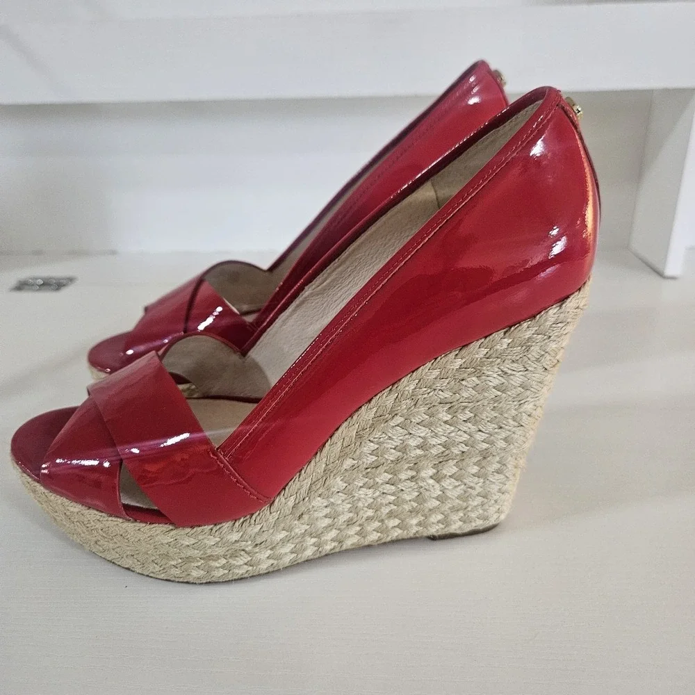 MICHAEL Michael Kors Red Patent Leather Espadrille Wedge Sandals Size 8.5M